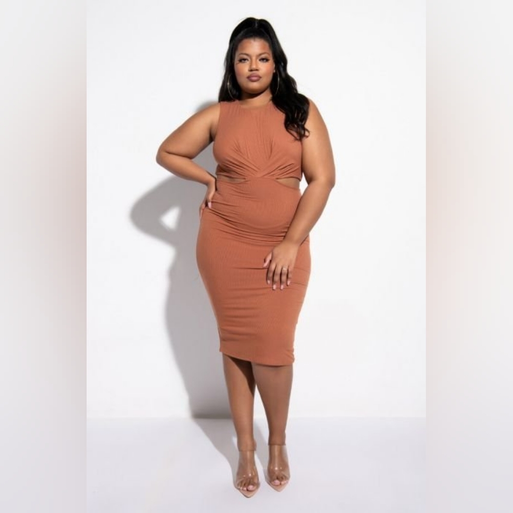 NWT Plus Good Intentions Brown Midi Dress with Waist Cutouts Size 1X